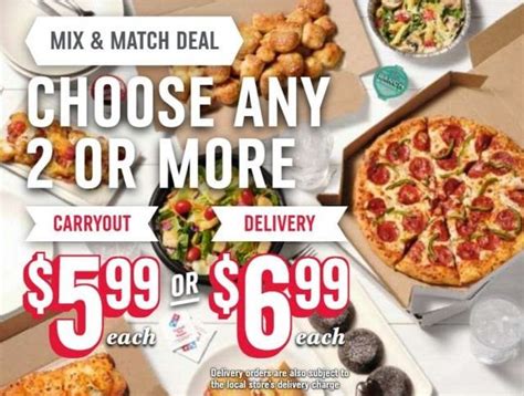 Domino%27s takeout specials - Domino's makes slight changes to their long-running deals: the $7.99 carryout deal is now only available when you order online, while the $5.99 Mix & Match deal now costs $1 more per item when you order for delivery. The $7.99 carryout deal still includes your choice of a 3-topping pizza of any size (excluding XL) or Dips & Twists Combos.